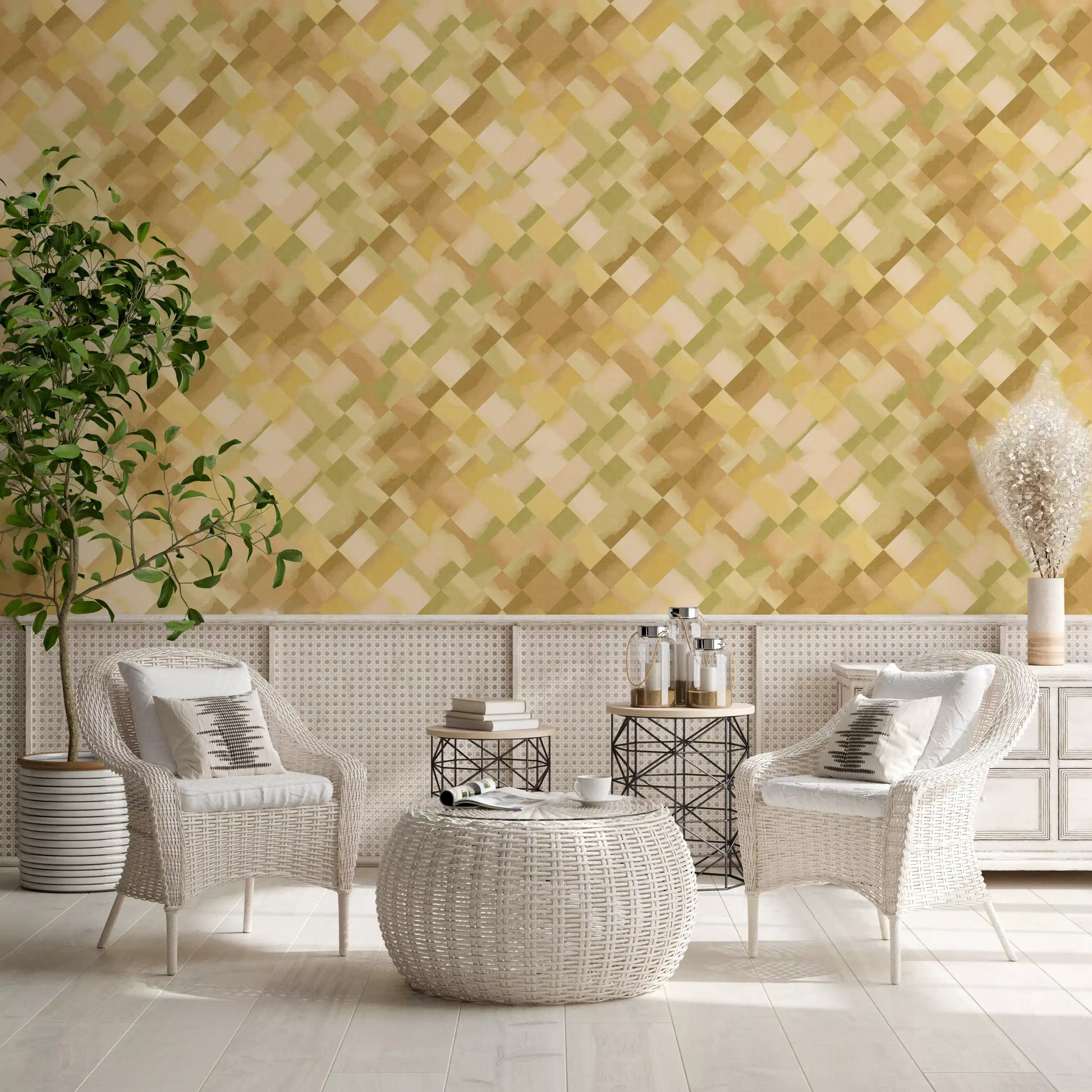 Watercolour patchwork wallpaper featuring green yellow brown and cream diamonds., GD10405
