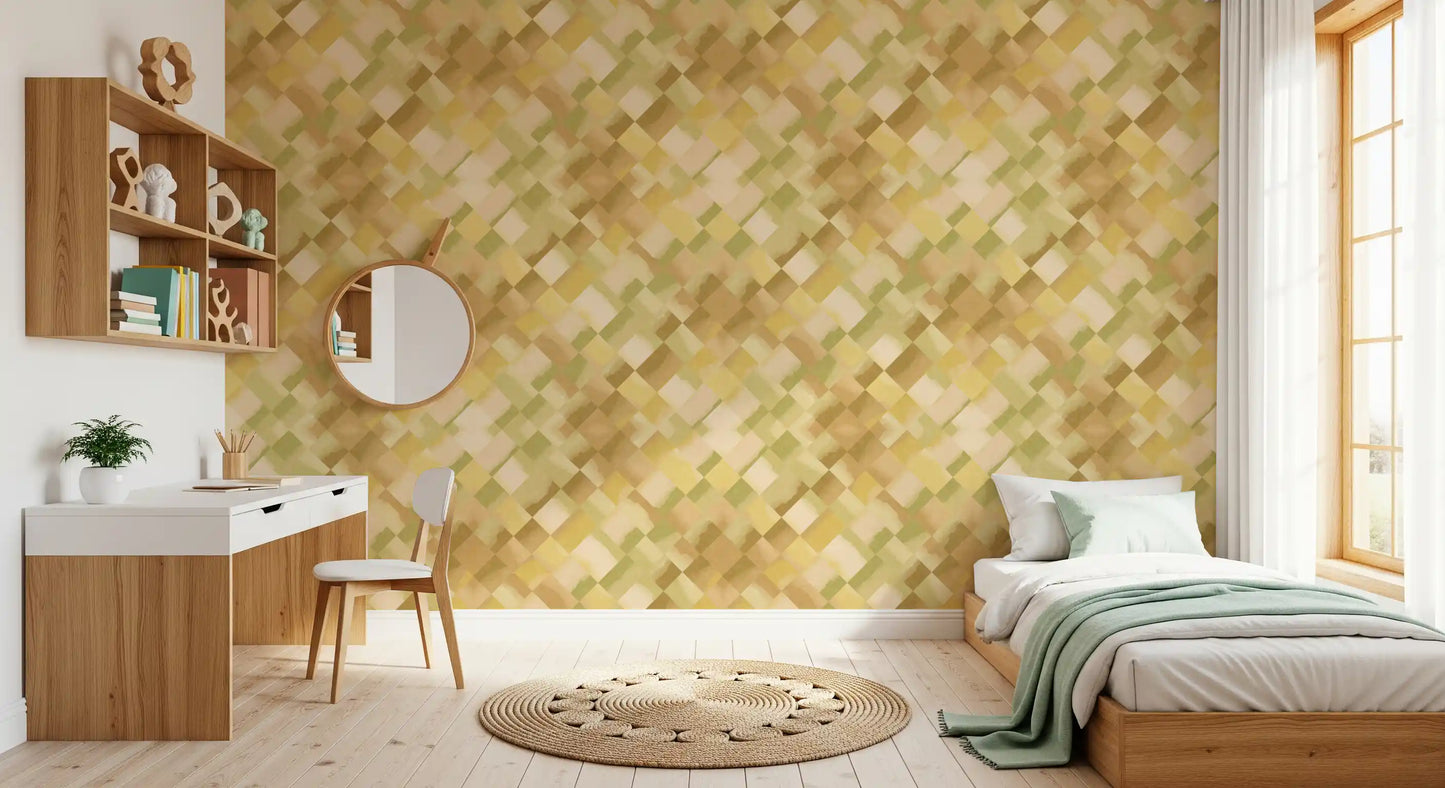 Painted checker wallpaper with earthy olive tones displayed in a bedroom., GD10405