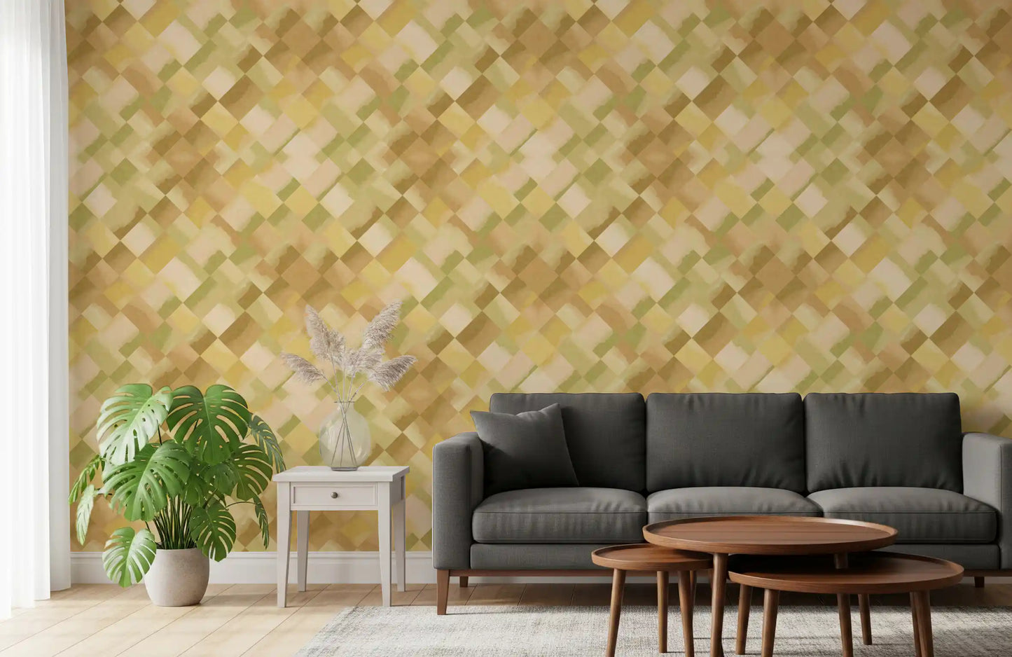 Diagonal watercolour checker wallpaper in olive green and mustard yellow tones., GD10405