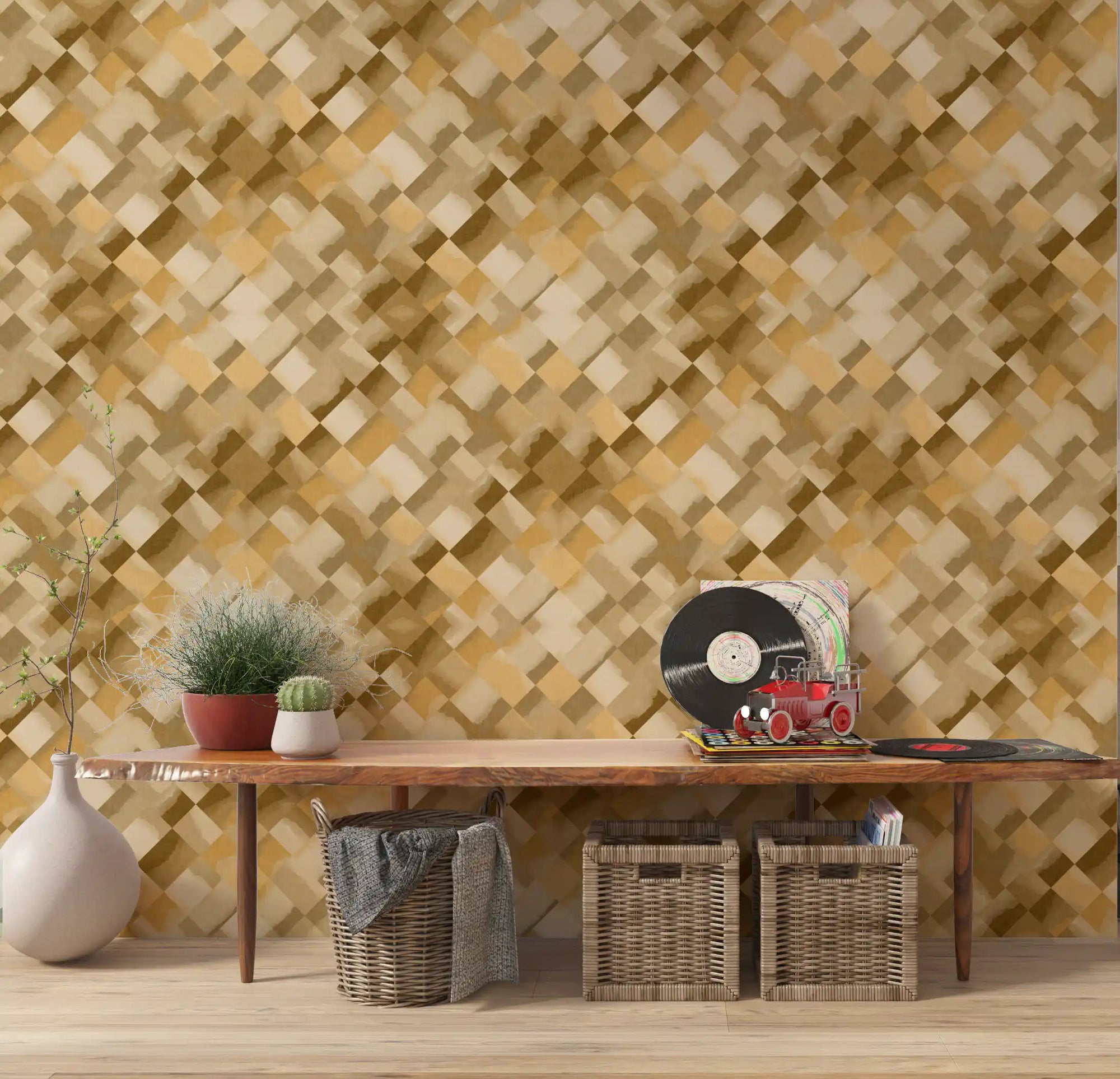 Diagonal geometric diamond wallpaper in watercolour brown shown in a hallway., GD10406