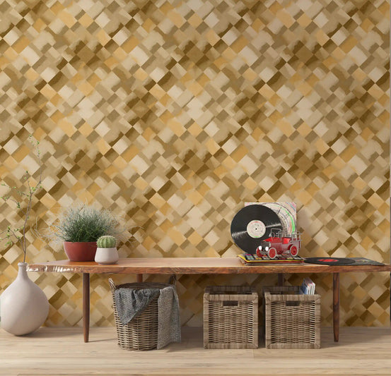 Diagonal geometric diamond wallpaper in watercolour brown shown in a hallway., GD10406