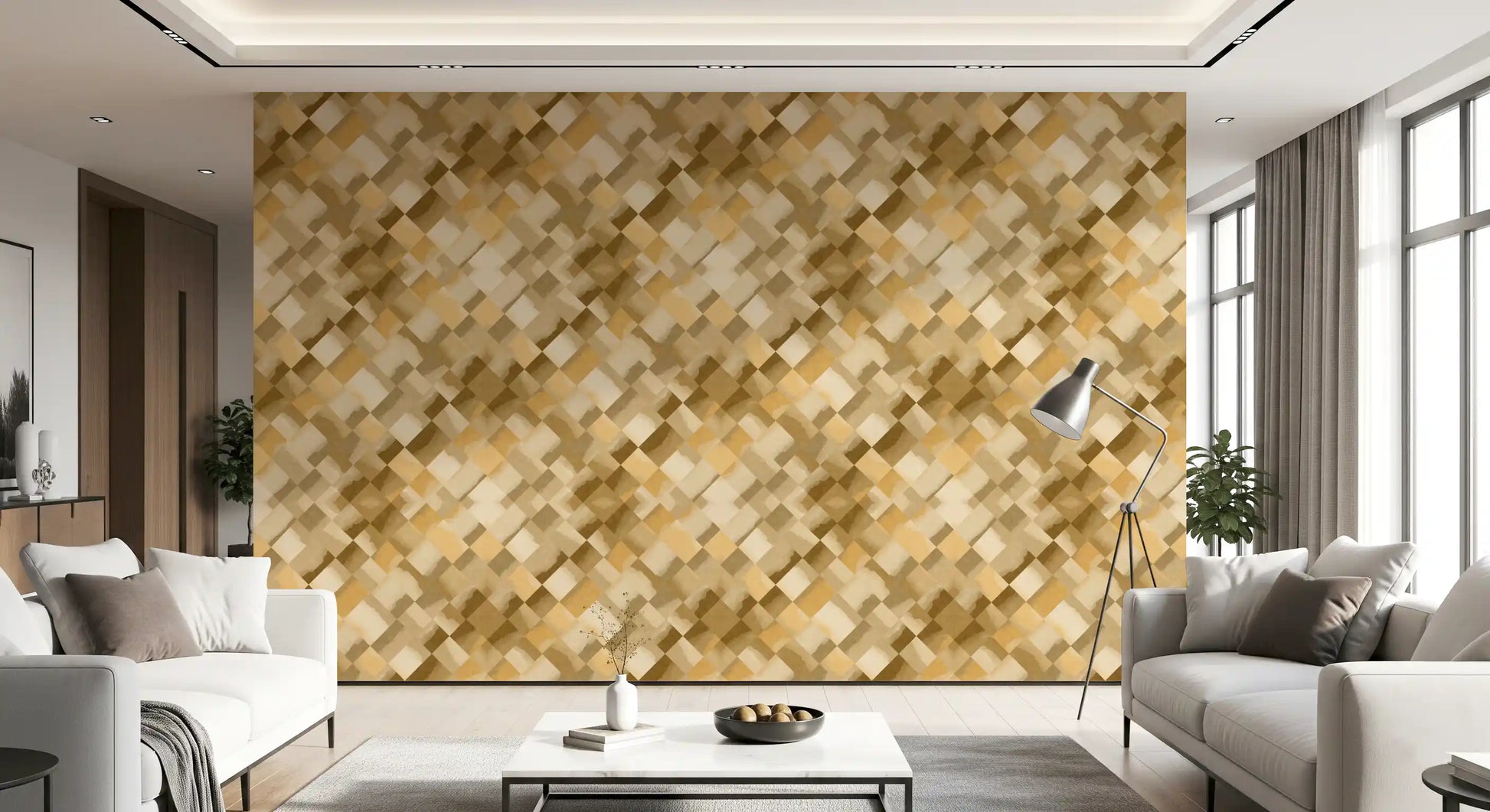 Painted checker wallpaper with warm ochre tones displayed in a living room., GD10406