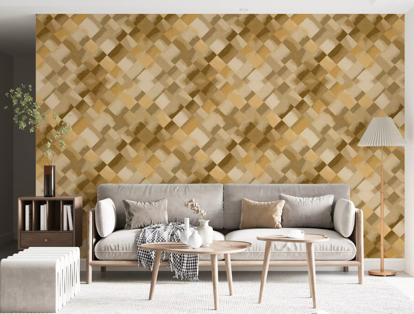 Diagonal watercolour checker wallpaper in ochre brown and tan tones., GD10406