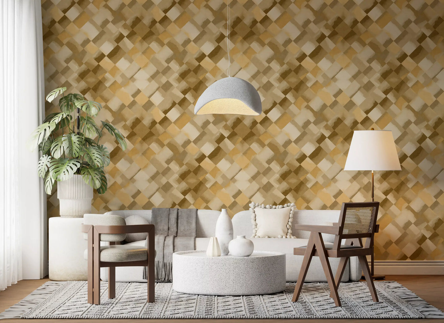 Watercolour patchwork wallpaper featuring brown amber tan and cream diamonds., GD10406