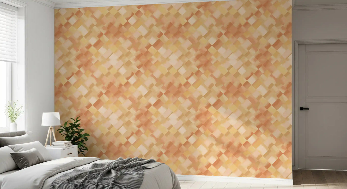 Abstract diamond patchwork wallpaper with soft coral golden and blush tone in bedroom., GD10407