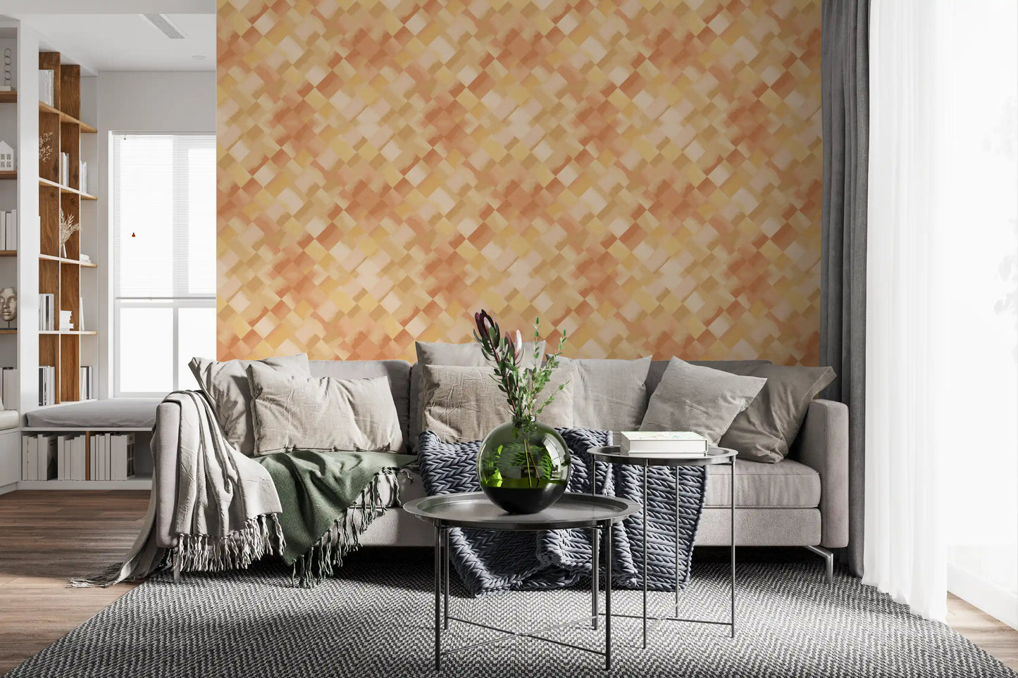 Diagonal watercolour checker wallpaper in living room with peach coral and golden yellow tones., GD10407