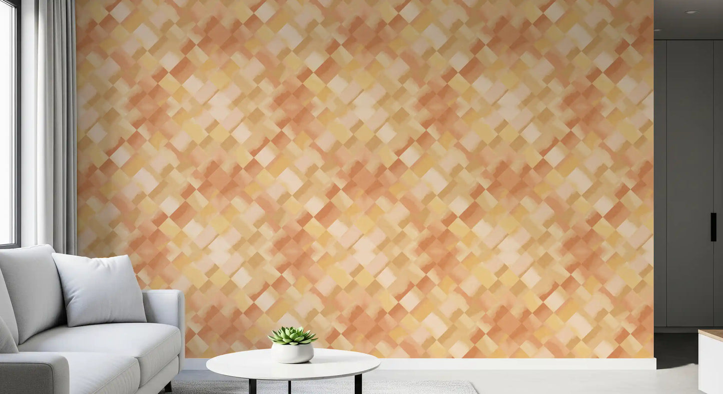 Watercolour patchwork wallpaper featuring peach yellow coral and blush diamonds., GD10407