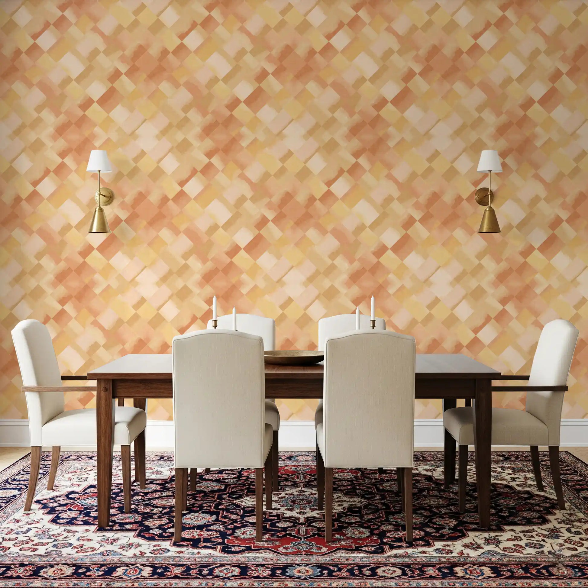 Geometric checker wallpaper showing overlapping peach coral and golden squares., GD10407