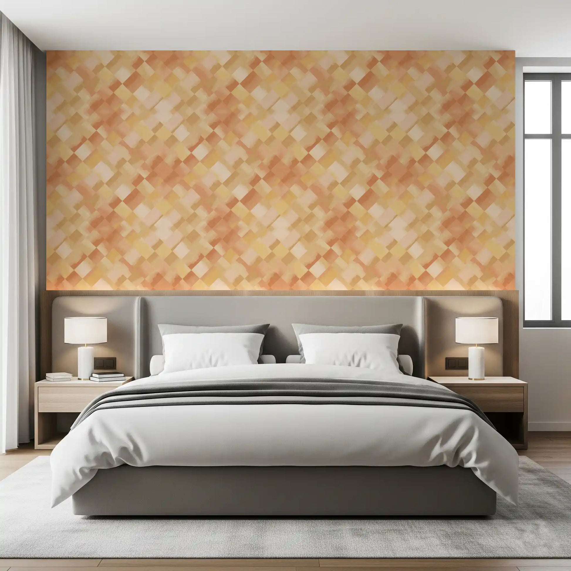 Diagonal geometric diamond wallpaper in watercolour coral for bedroom interior., GD10407