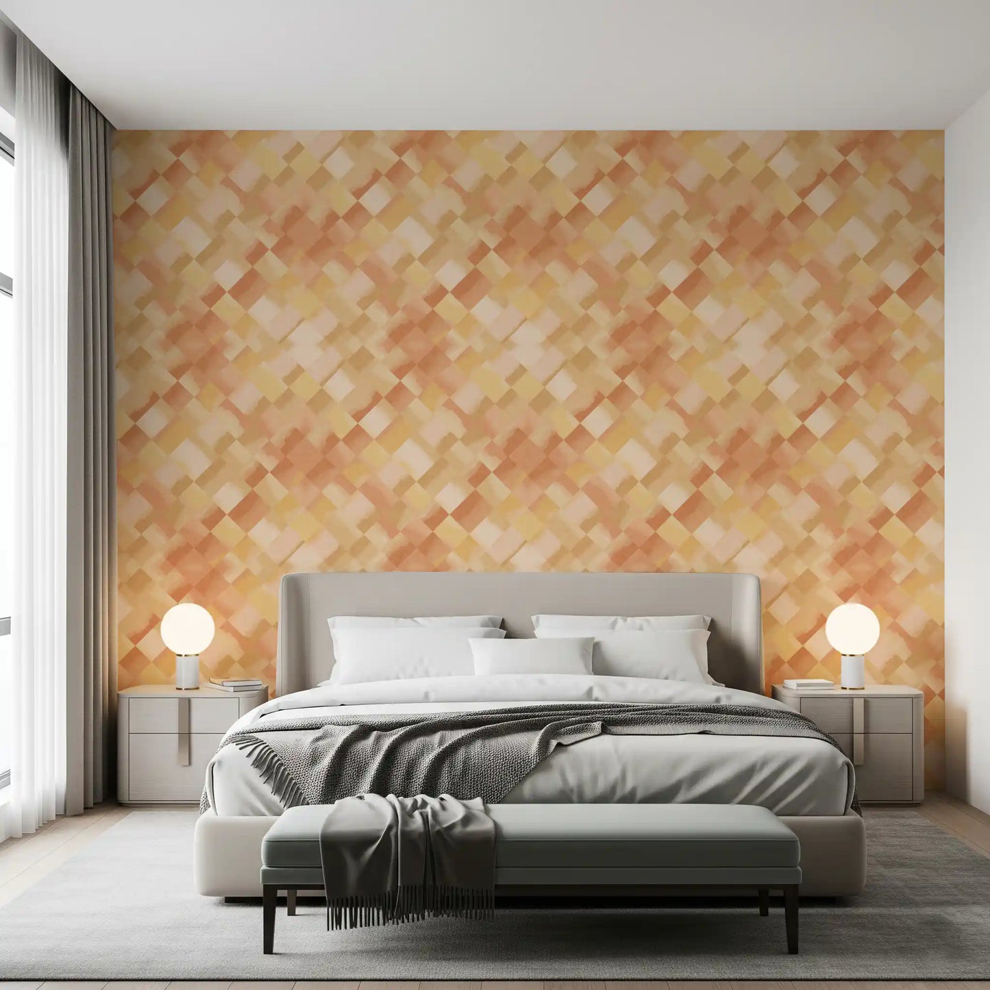Painted diamond grid wallpaper with blended apricot blush and terracotta washes., GD10407