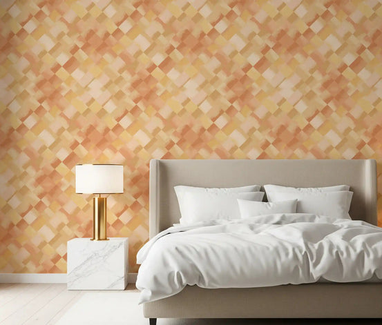 Painted checker wallpaper in warm peach tones displayed in a bedroom setting., GD10407