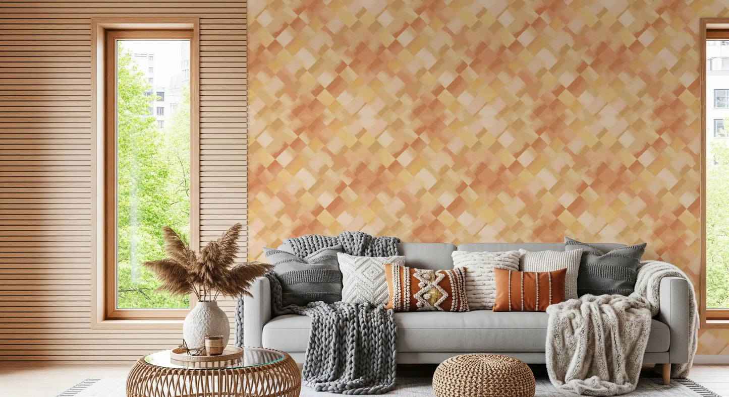 Sun-toned checker wallpaper with layered watercolour peach and apricot hues., GD10407