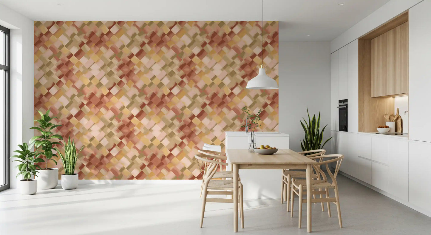 Repeating diamond wallpaper with bold pigment washes in terracotta and olive., GD10408