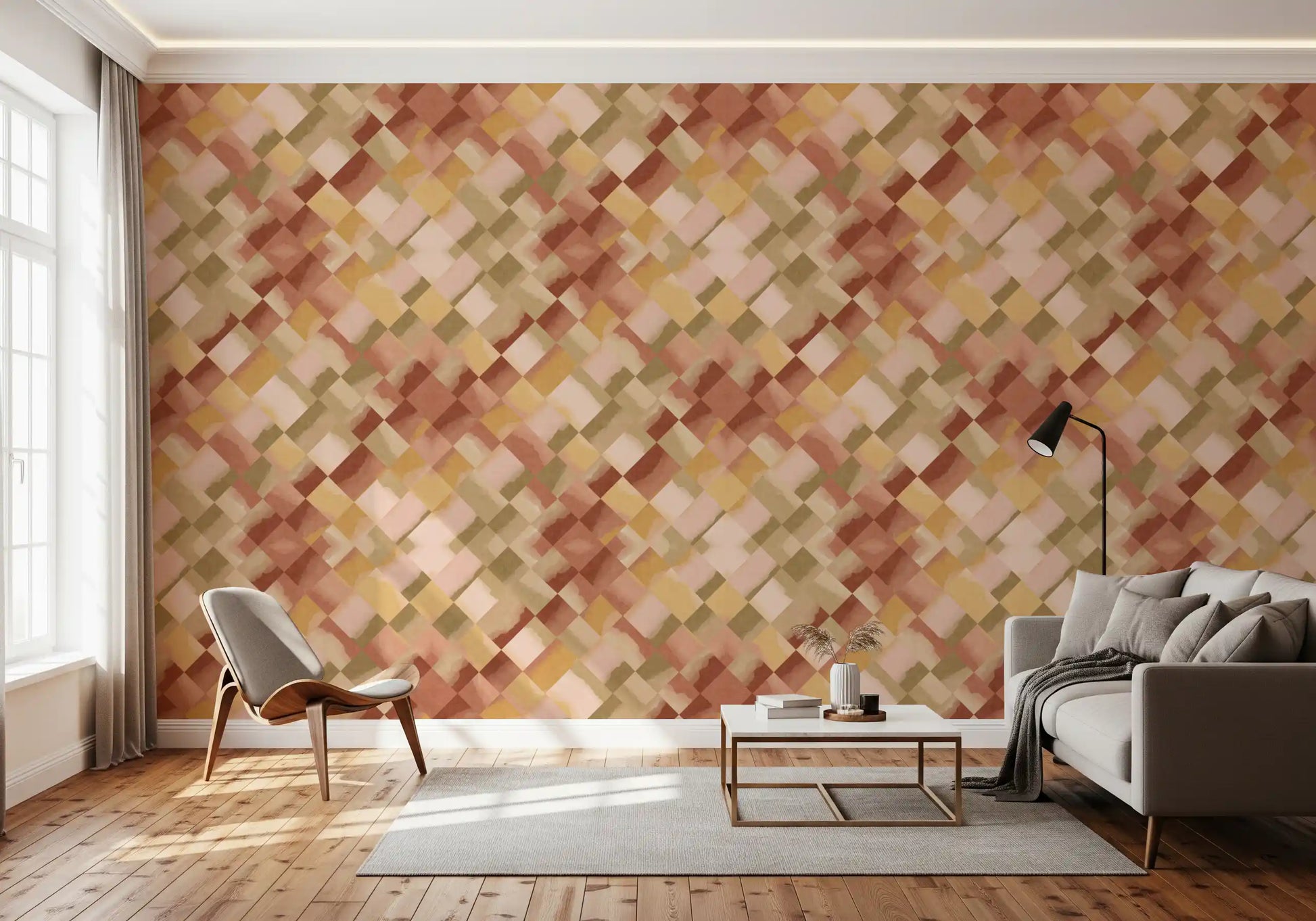 Painted diamond grid wallpaper with blended rust pink and olive colour washes., GD10408