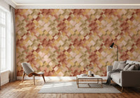 Painted diamond grid wallpaper with blended rust pink and olive colour washes., GD10408