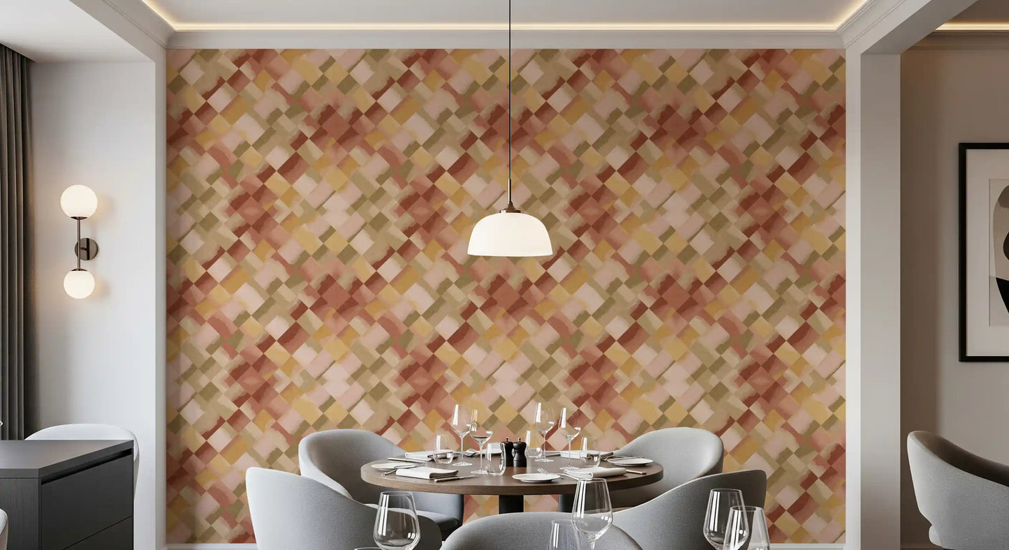 Geometric checker wallpaper showing overlapping terracotta amber and green squares., GD10408