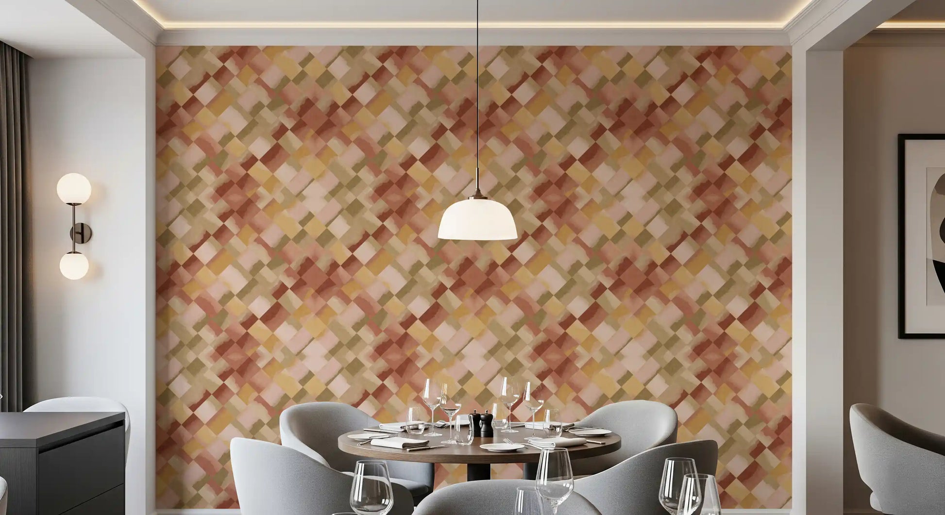 Geometric checker wallpaper showing overlapping terracotta amber and green squares., GD10408