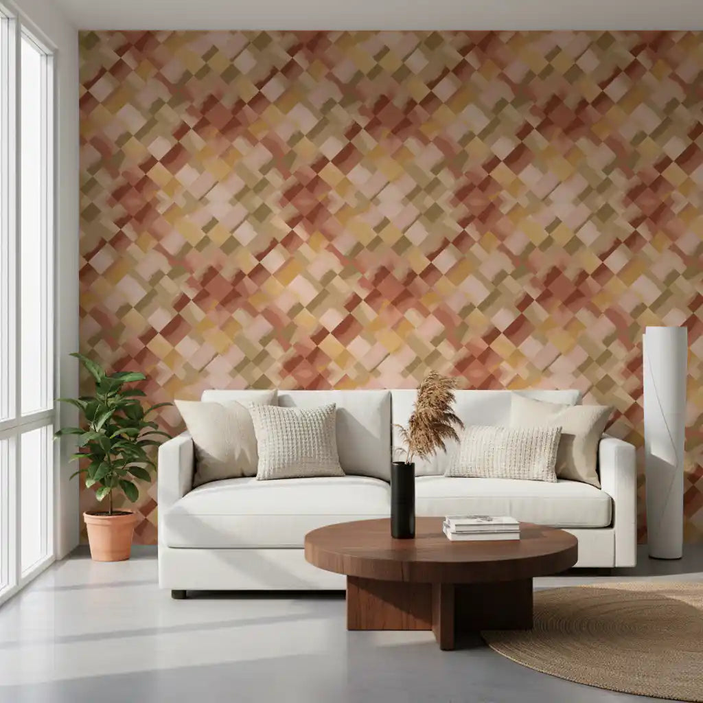 Sunset toned checker wallpaper with layered watercolour olive and amber hues., GD10408