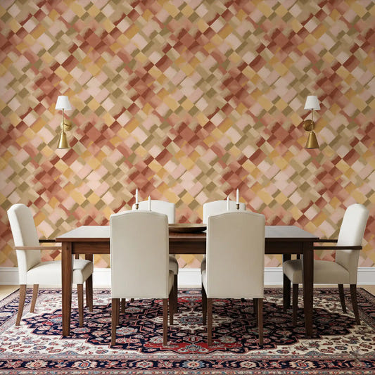 Diagonal geometric diamond wallpaper in watercolour olive shown in a dining room.