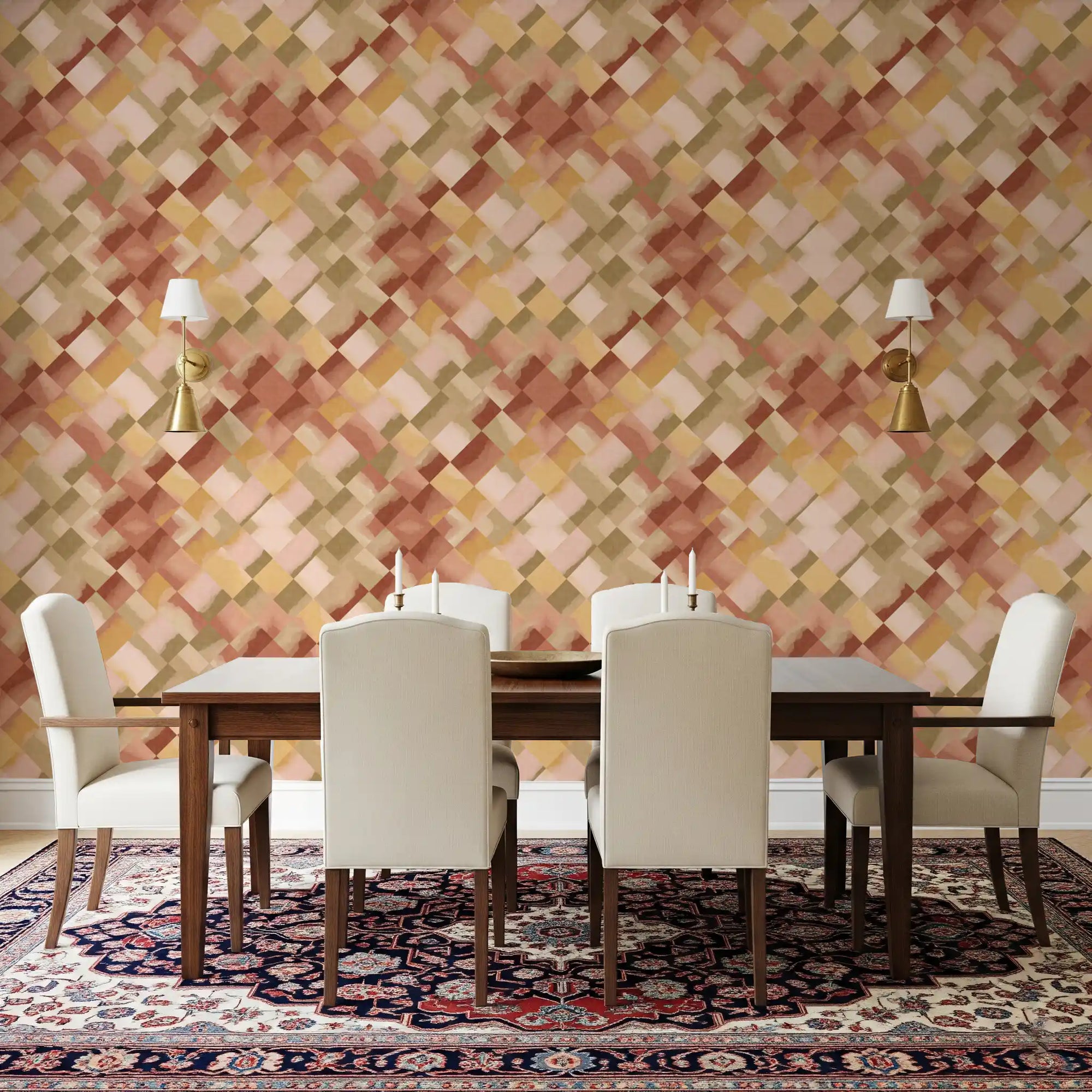 Diagonal geometric diamond wallpaper in watercolour olive shown in a dining room., GD10408