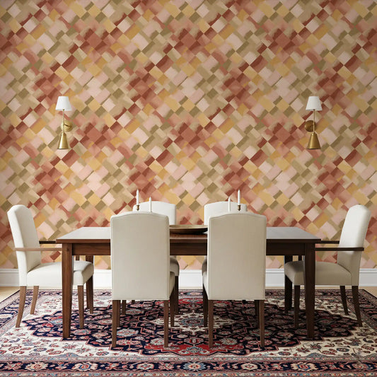 Diagonal geometric diamond wallpaper in watercolour olive shown in a dining room.