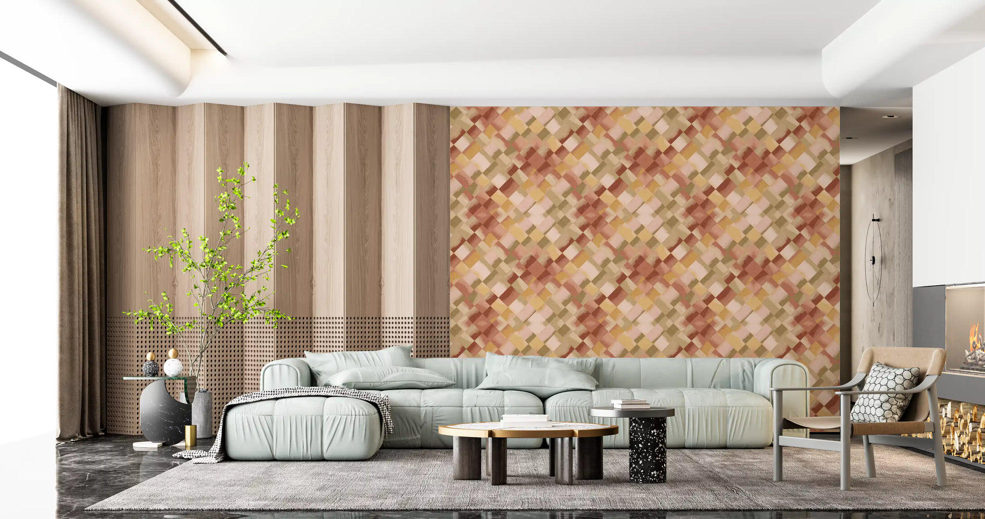 Abstract diamond patchwork wallpaper with rich terracotta gold and blush gradients in living area., GD10408