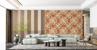 Abstract diamond patchwork wallpaper with rich terracotta gold and blush gradients in living area., GD10408