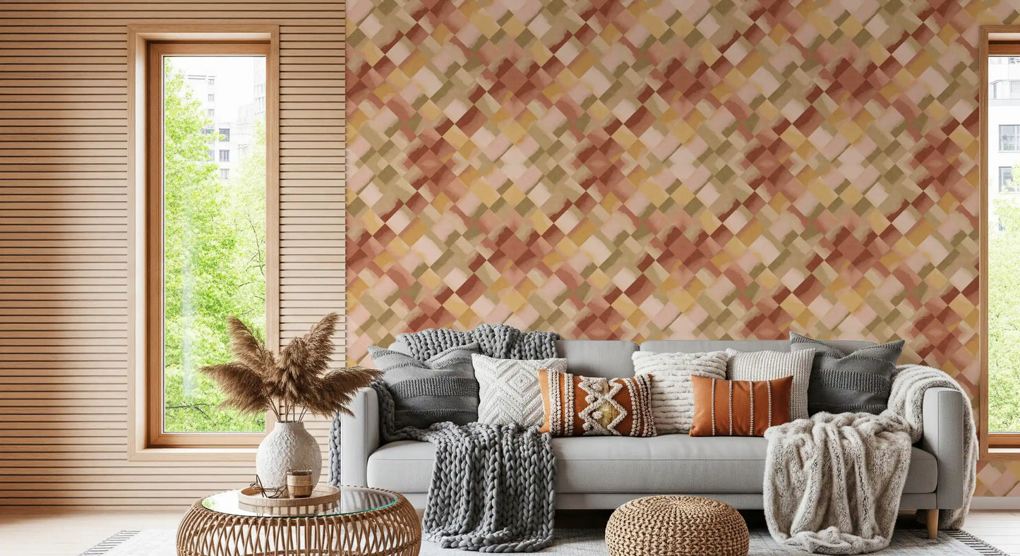 Watercolour diagonal pattern wallpaper in warm rust and olive green shades., GD10408