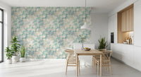 Abstract diamond patchwork wallpaper with light seafoam slate and sage gradient in dining room., GD10409