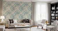 Geometric checker wallpaper showing overlapping teal blue and pale sage squares., GD10409