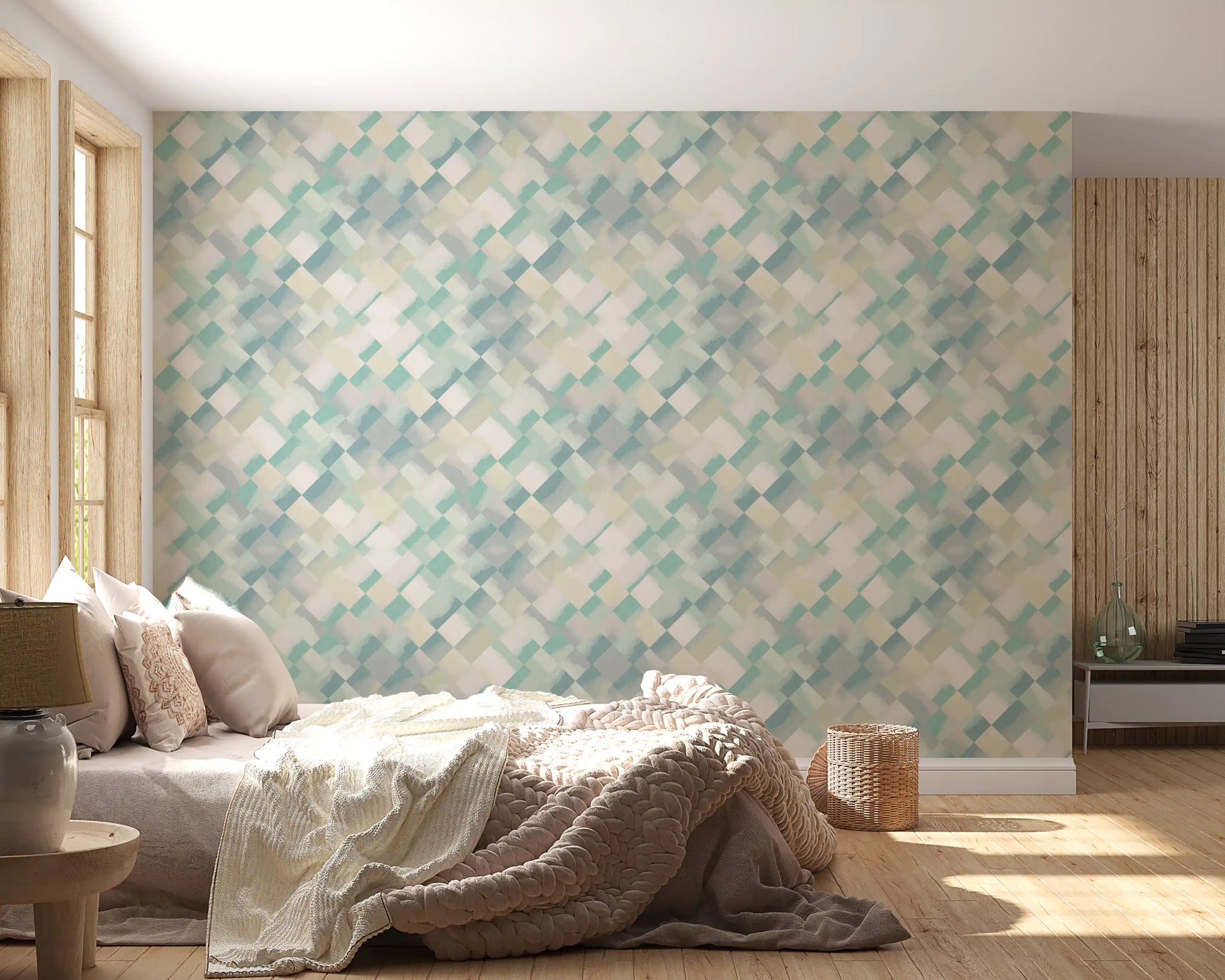 Watercolour diagonal pattern wallpaper in bedroom with cool teal and soft lavender shades., GD10409