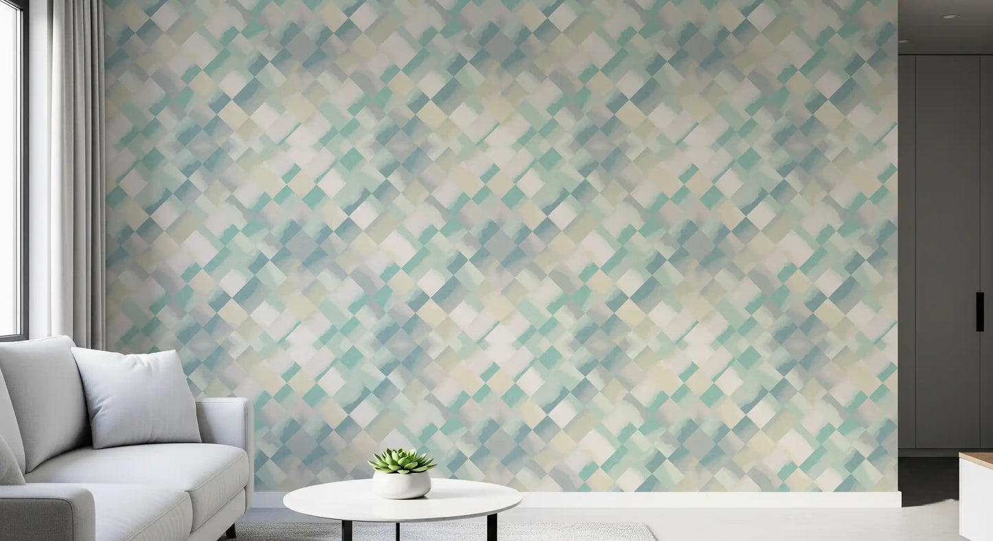 Painted diamond grid wallpaper with blended lavender sage and white colour., GD10409