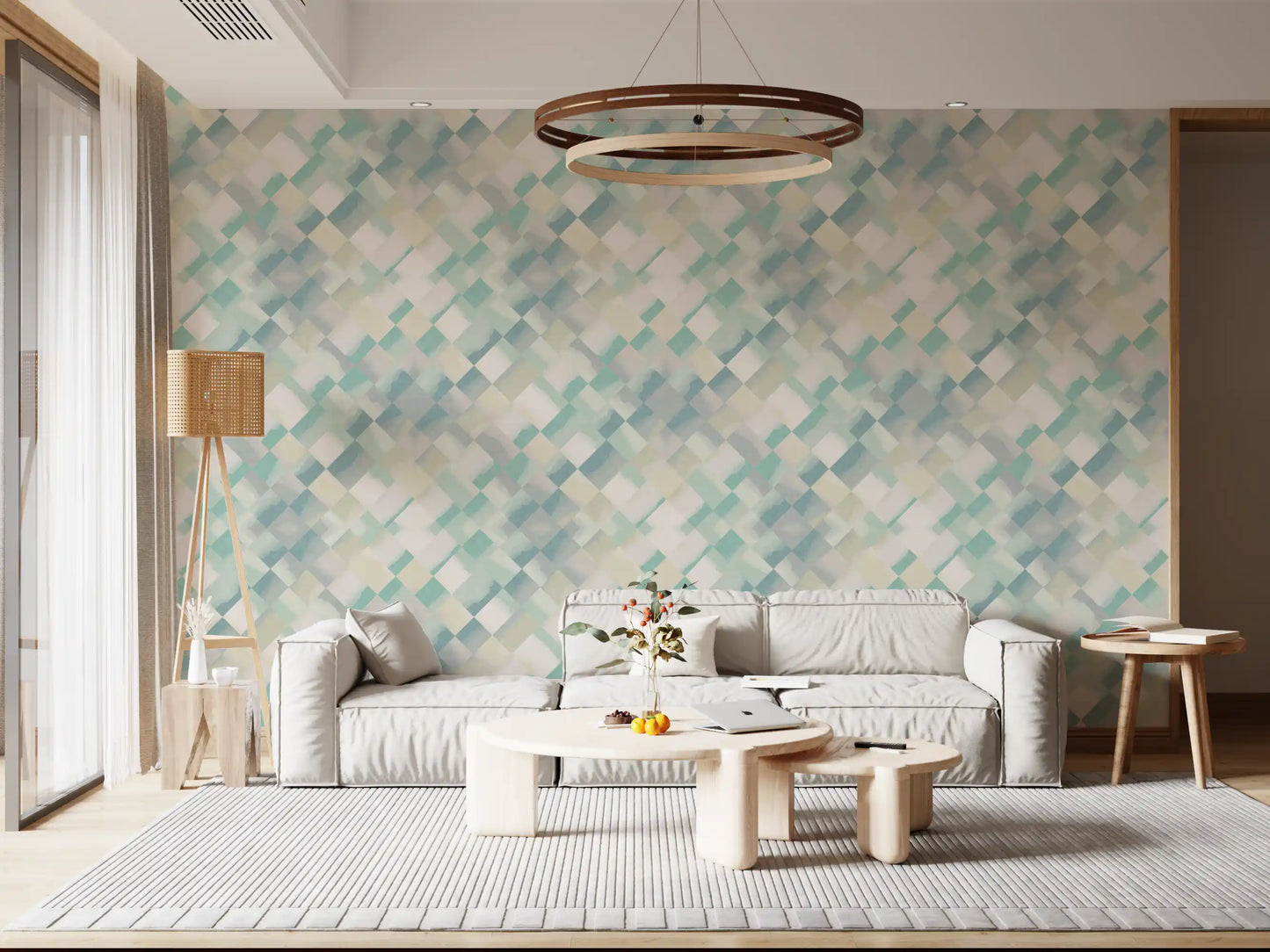 Repeating diamond wallpaper with natural pigment washes in teal and lavender., GD10409