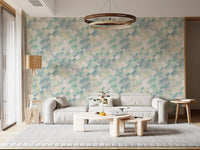 Repeating diamond wallpaper with natural pigment washes in teal and lavender., GD10409