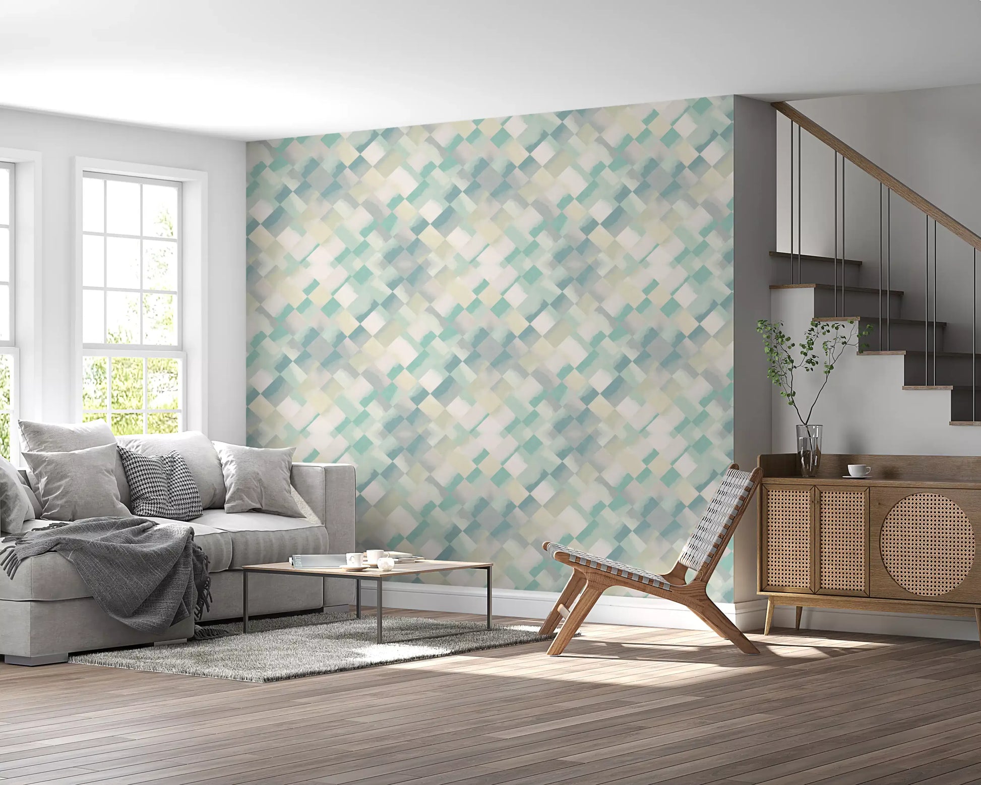 Diagonal watercolour checker wallpaper in teal seafoam and slate blue tones., GD10409