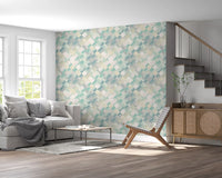 Diagonal watercolour checker wallpaper in teal seafoam and slate blue tones., GD10409