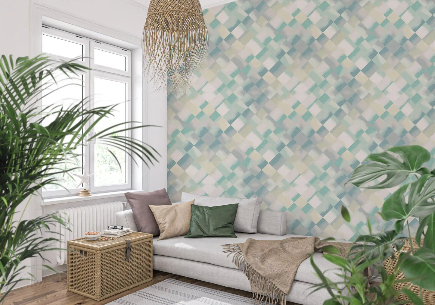 Watercolour patchwork wallpaper featuring seafoam blue sage and white diamonds., GD10409