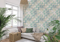 Watercolour patchwork wallpaper featuring seafoam blue sage and white diamonds., GD10409
