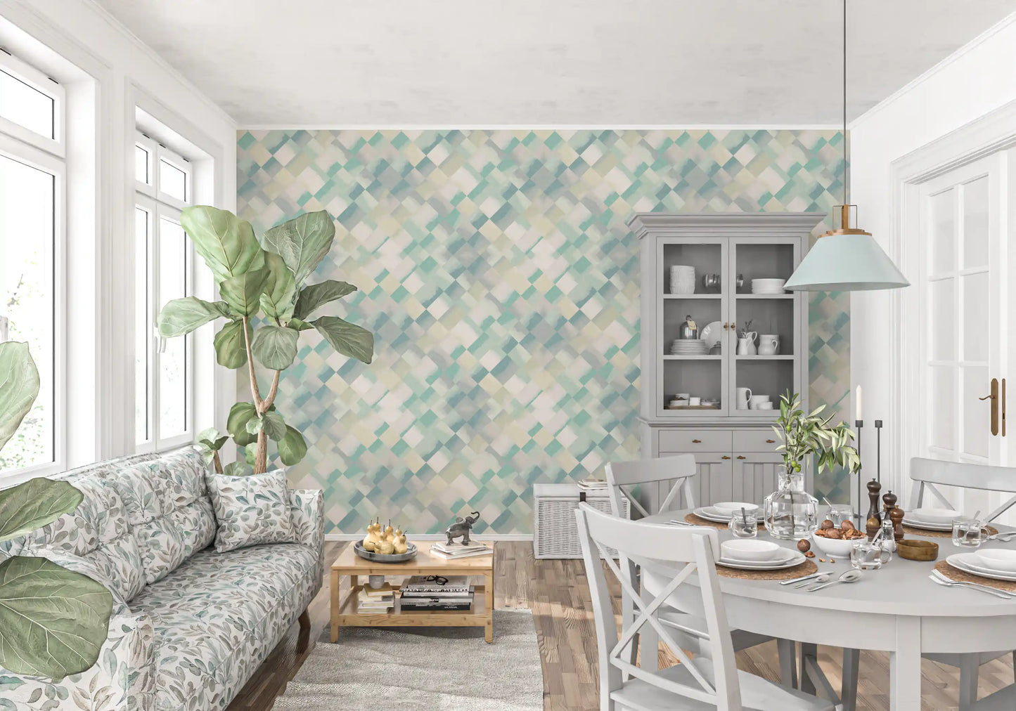 Cool toned checker wallpaper with layered watercolour teal and blue hues., GD10409