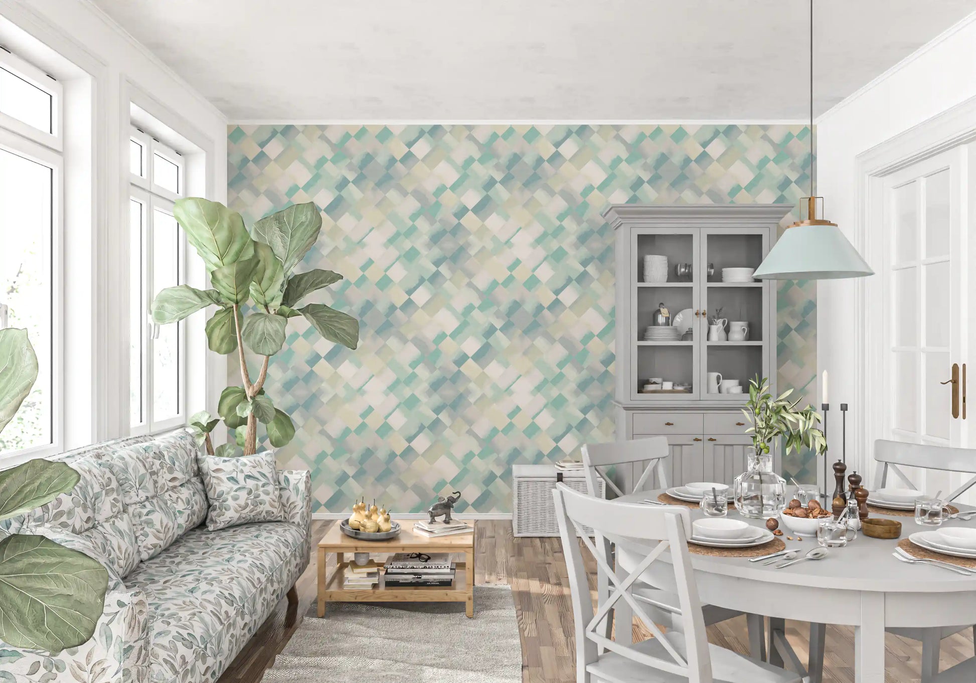 Cool toned checker wallpaper with layered watercolour teal and blue hues., GD10409