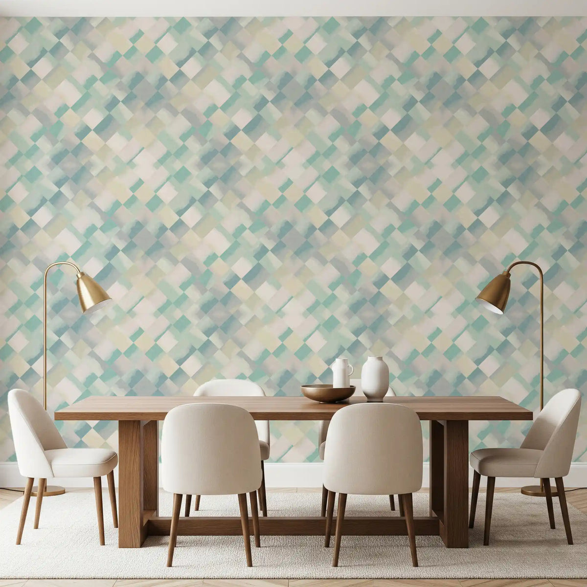 Diagonal geometric diamond wallpaper shown in a dining room space., GD10409