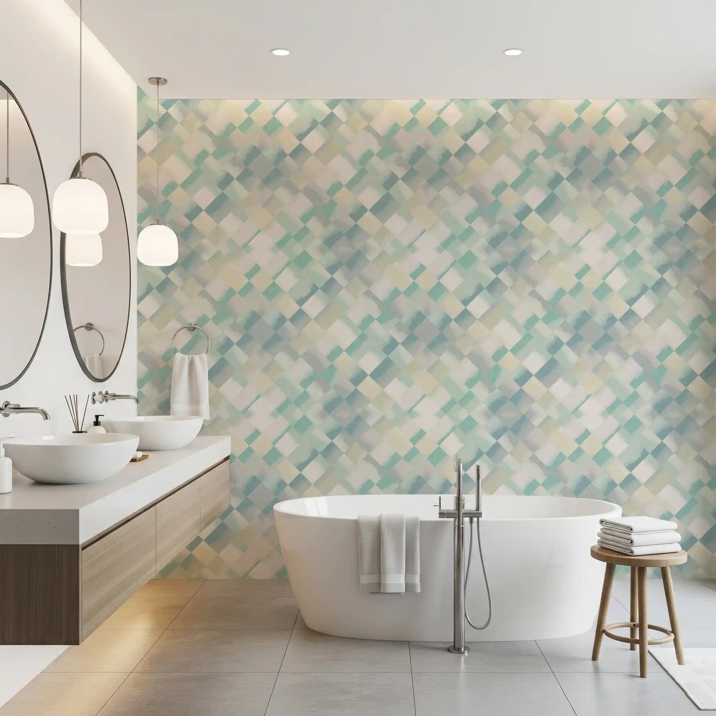 Painted checker wallpaper with cool teal tones displayed in a bathroom., GD10409