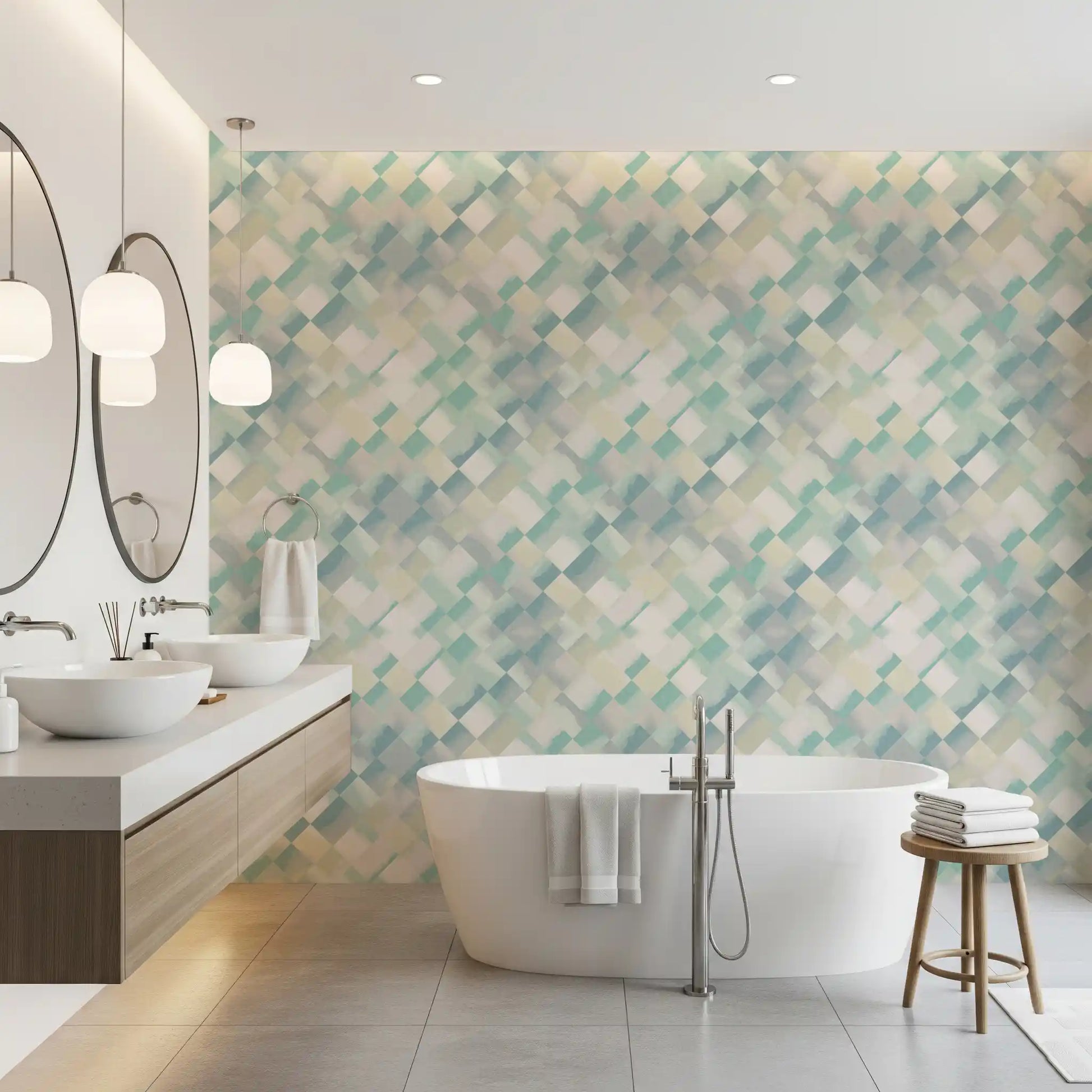 Painted checker wallpaper with cool teal tones displayed in a bathroom., GD10409
