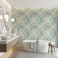 Painted checker wallpaper with cool teal tones displayed in a bathroom., GD10409