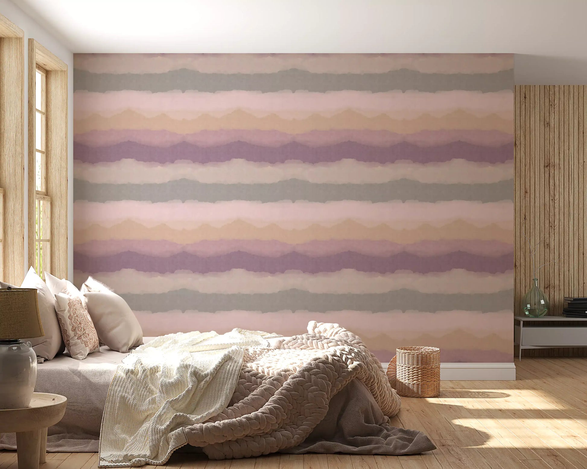 Abstract painted horizon wallpaper with soft mauve and beige tones in bedroom., GD10410