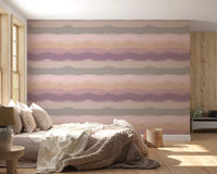Abstract painted horizon wallpaper with soft mauve and beige tones in bedroom., GD10410