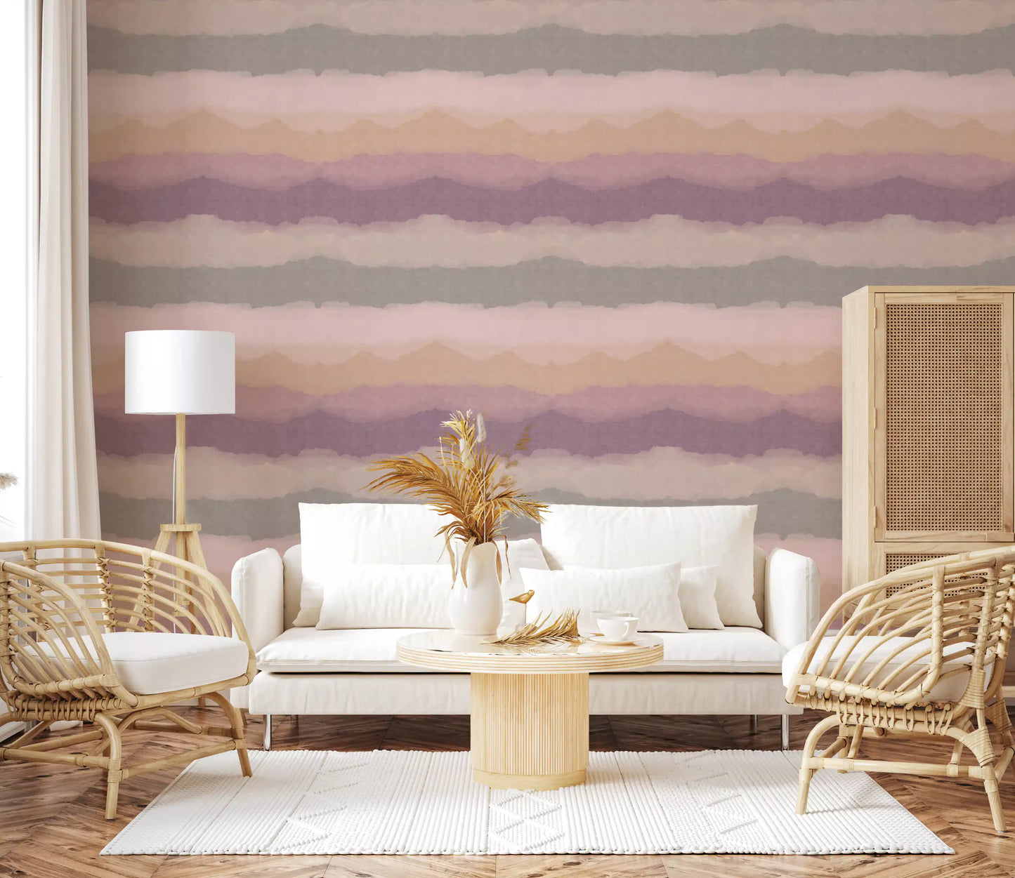 Relax sunrise painted horizon wallpaper displayed in a living room., GD10410