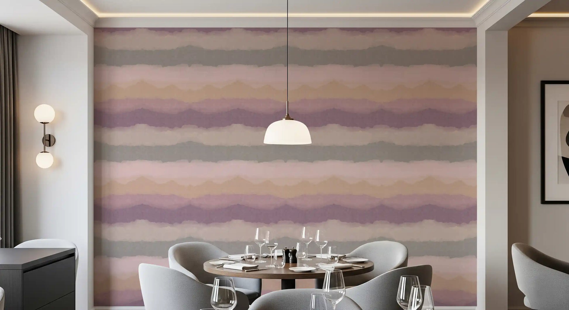 Relax sunrise painted horizon wallpaper with layered purple and grey bands., GD10410