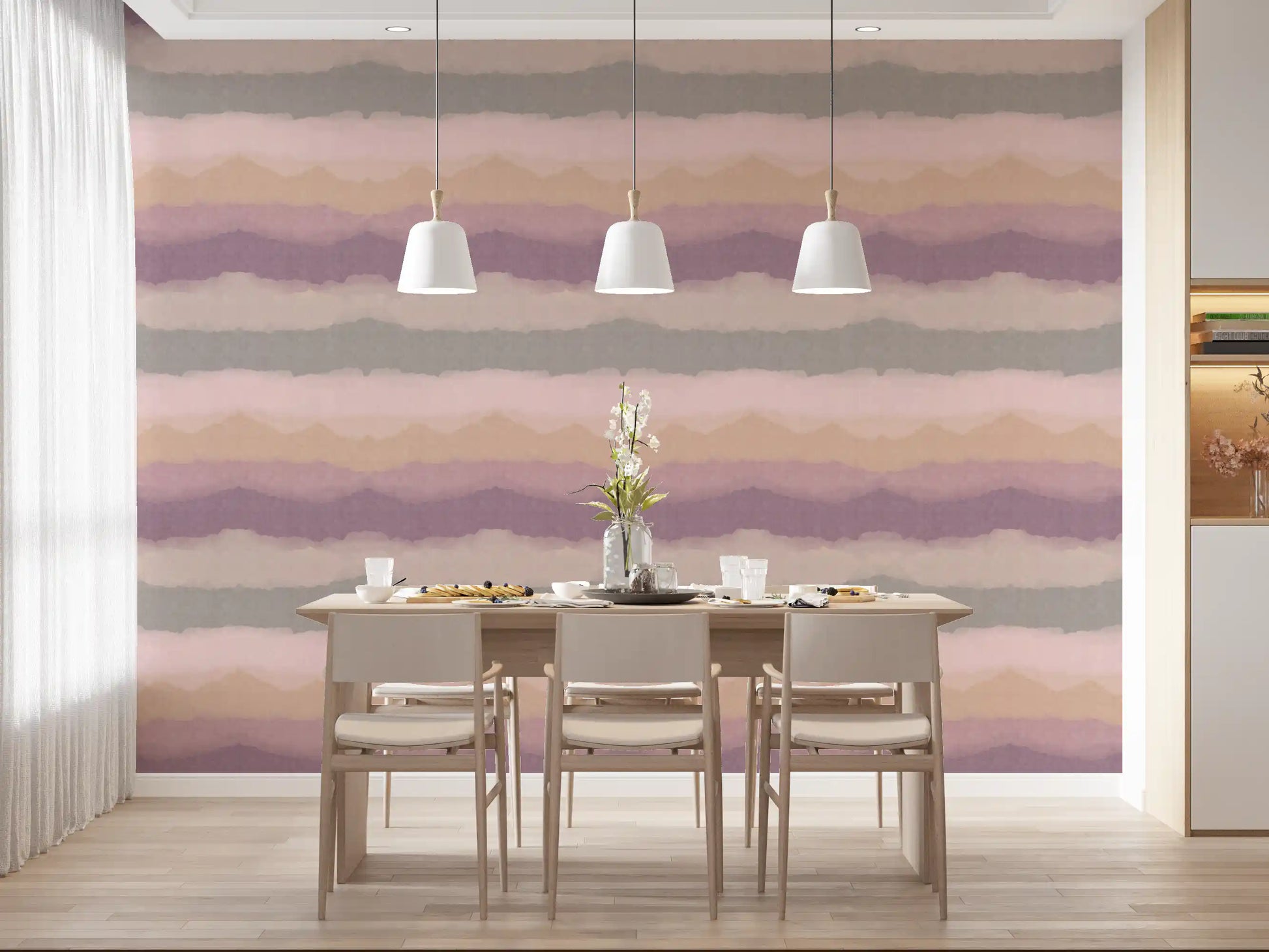 Soft purple and grey ombre wallpaper with organic mountain edges in dining room., GD10410