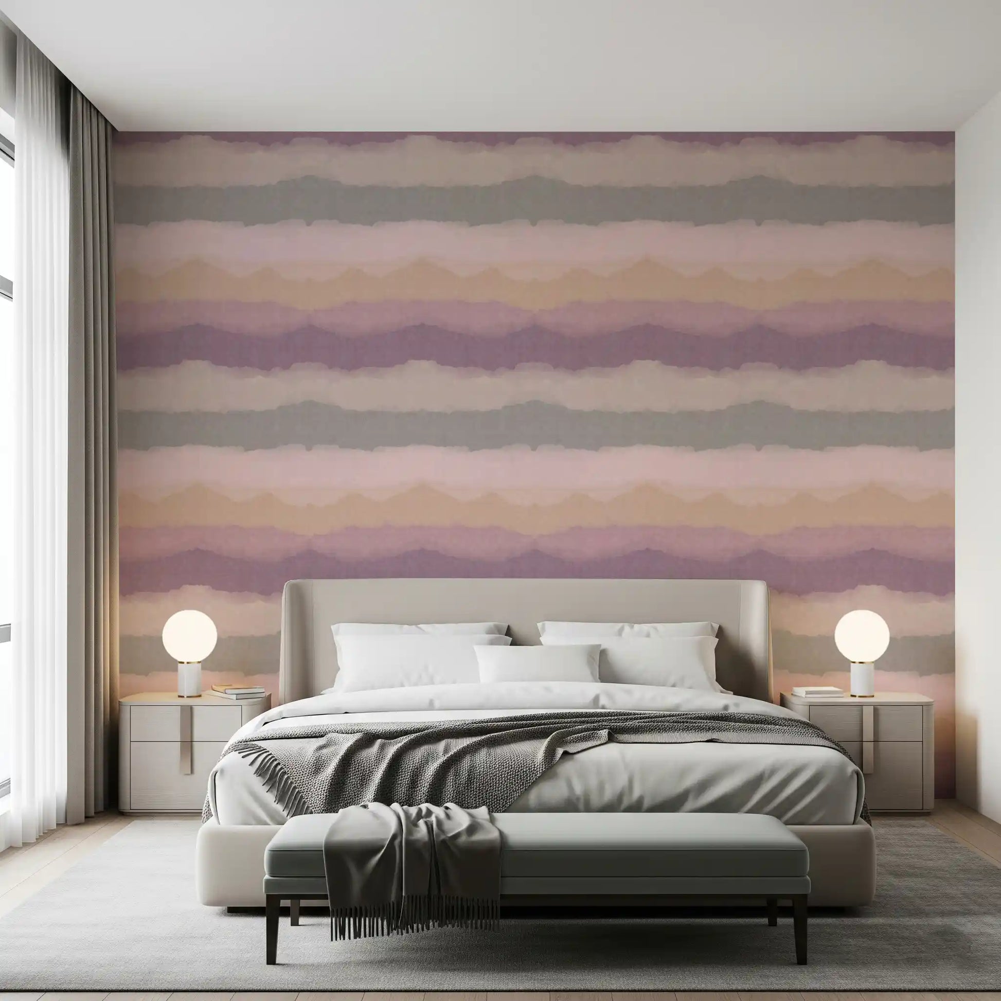 Layered watercolour horizon wallpaper in muted tones on a bedroom wall., GD10410